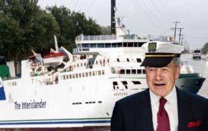 Winston Peters in captain's hat with ferry and flooded christchurch area.