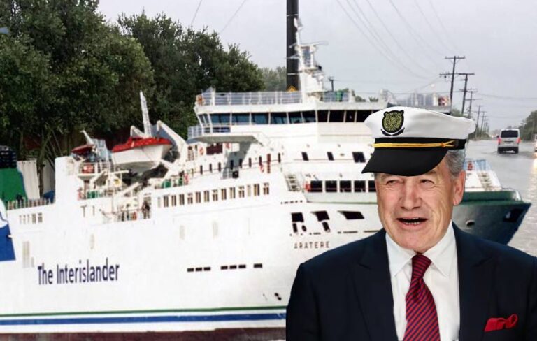 Winston Peters in captain's hat with ferry and flooded christchurch area.