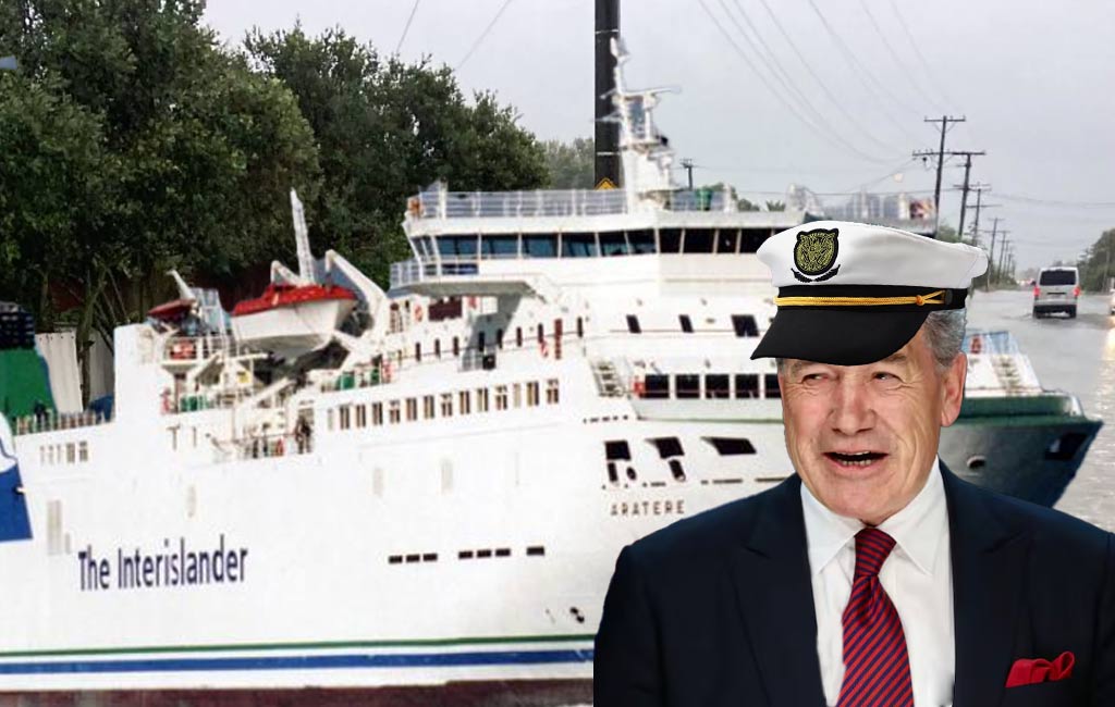 Winston Peters in captain's hat with ferry and flooded christchurch area.