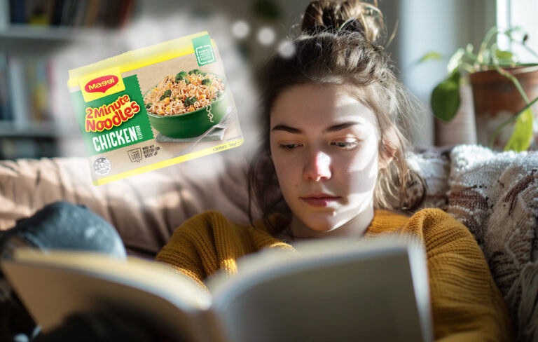 woman reading book thinking about two minute noodles