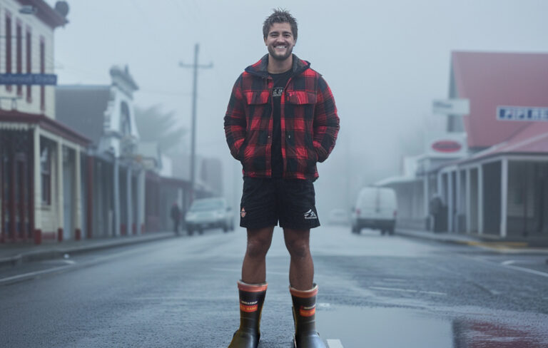 man wearing shorts and gumboots in the cold