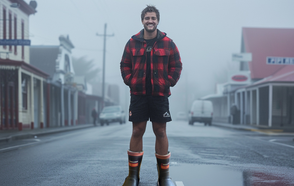 man wearing shorts and gumboots in the cold