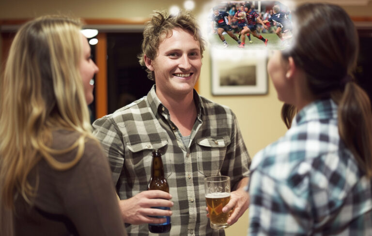 Man thinking about high school rugby while talking to people at party.