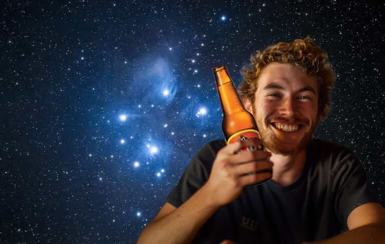 man drinking beer with starry sky behind him