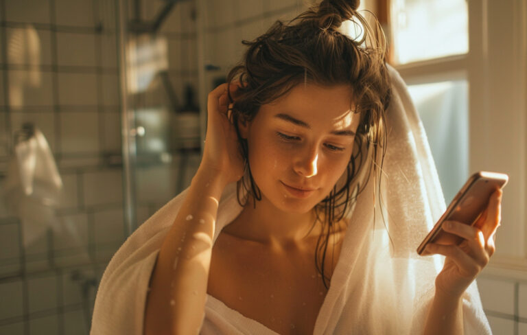woman on phone in bathroom