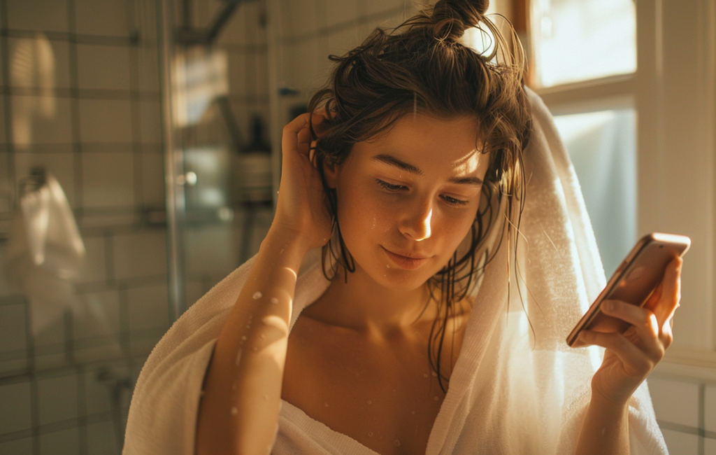 woman on phone in bathroom