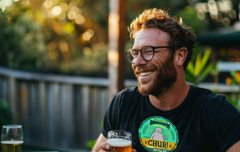 man at bbq wearing behemoth brewing tee shirt