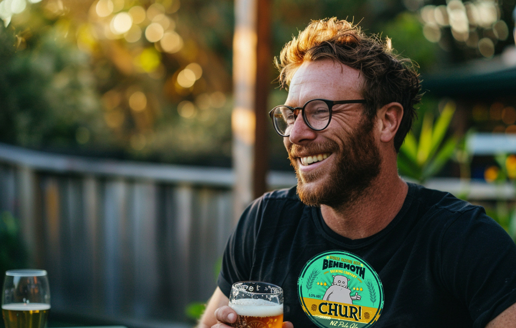 man at bbq wearing behemoth brewing tee shirt