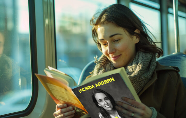 woman reading Jacinda book on train.