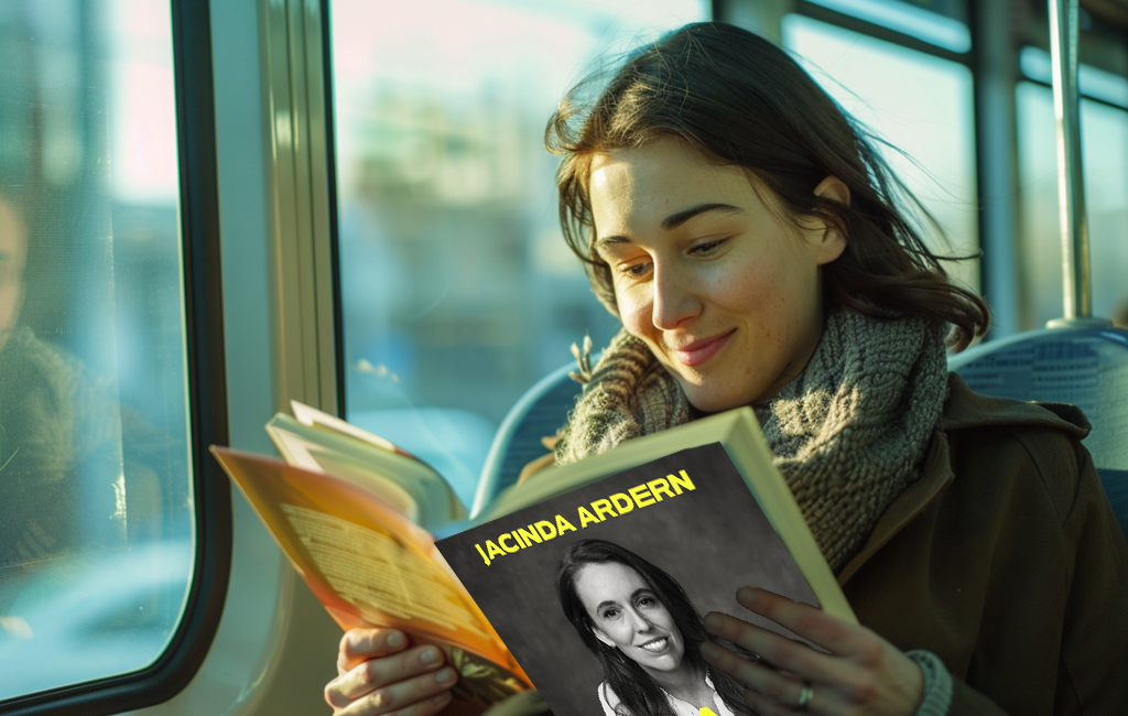 woman reading Jacinda book on train.