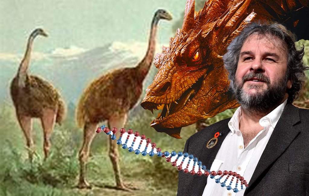 Peter Jackson with Smaug the dragon and two moa