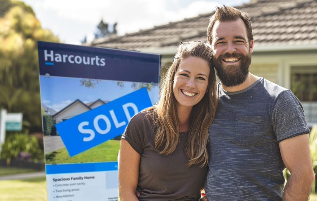 Young couple smiling outside sold sign of their new home.