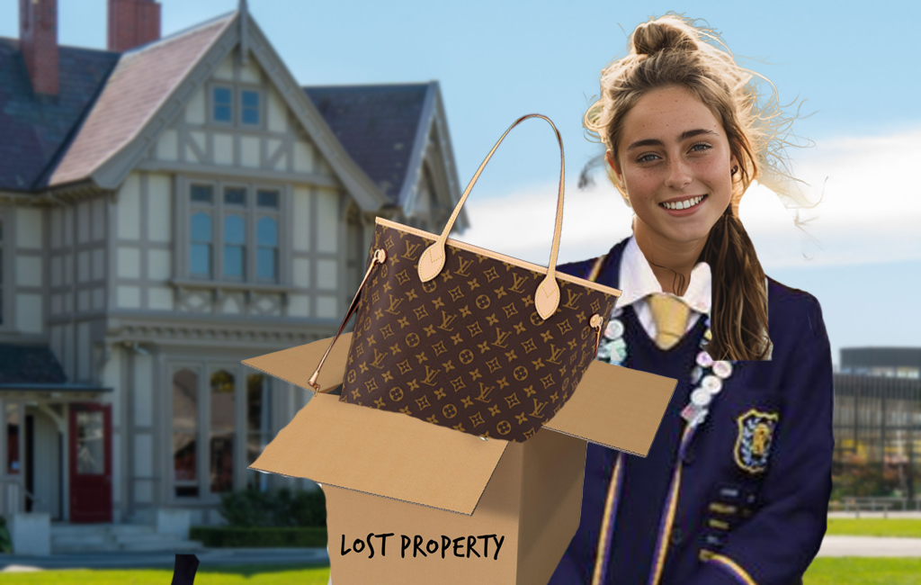 school girl getting luxury handbag out of lost property box.