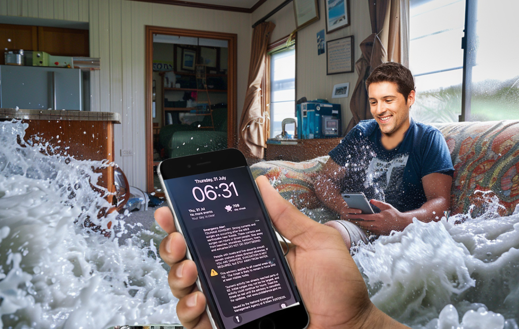 Man in lounge surrounded by tsunami.