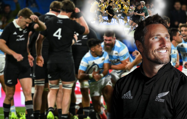 man remembering the old days of all blacks, with the current all blacks losing to argentina in the background.