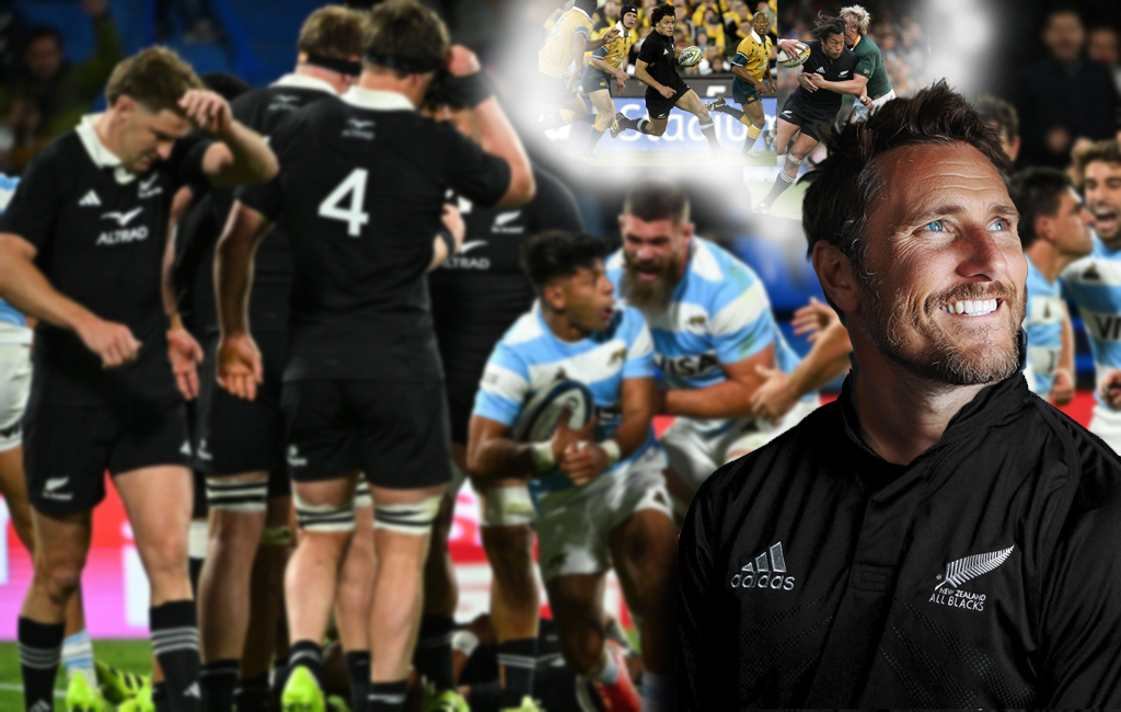 man remembering the old days of all blacks, with the current all blacks losing to argentina in the background.