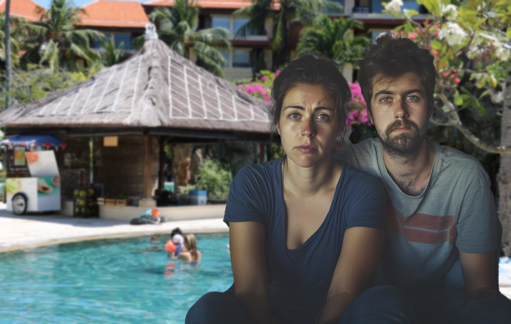 tired couple at bali resort.