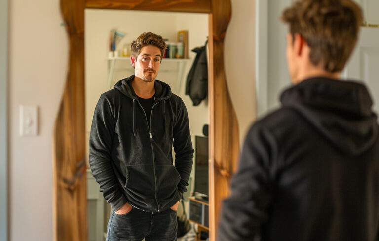 man looking in mirror with black hoodie.