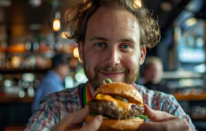man eating burger