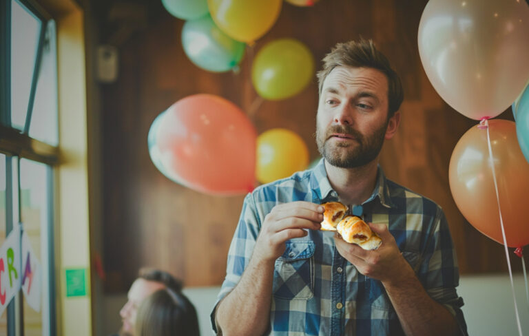 man eating sausage rolls at children's birthday