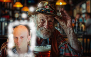 man having beer at pub, thinking about Tom Phillips