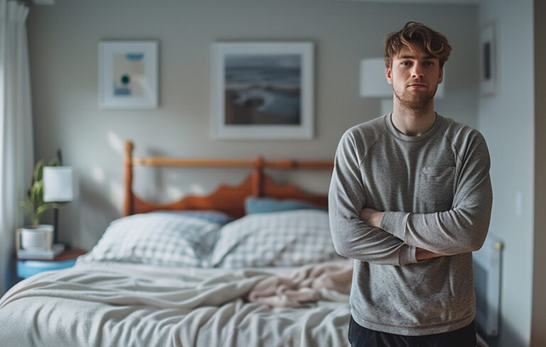 man standing in bedroom