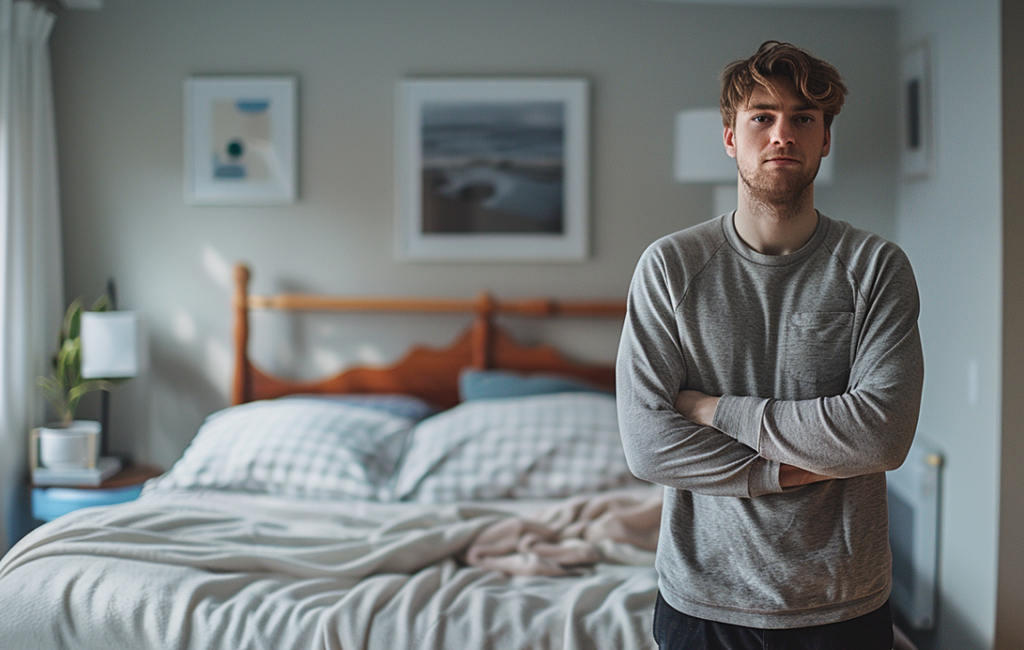 man standing in bedroom