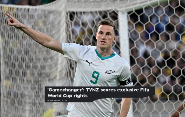 Chris Wood playing football with headline about tvnz world cup rights.