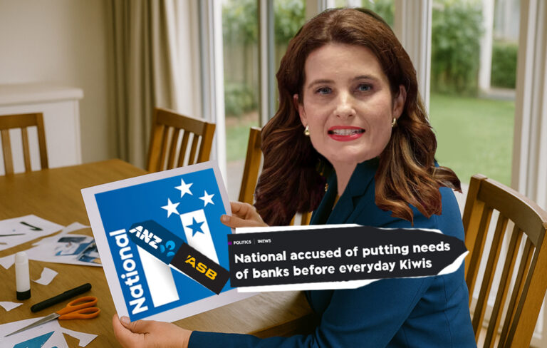 Nicola Willis redesigning national logo with banks involved.
