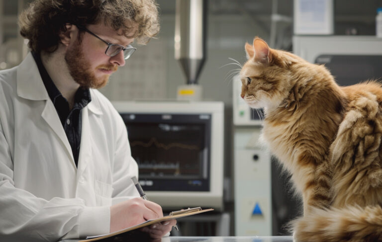 scientist inspecting cat