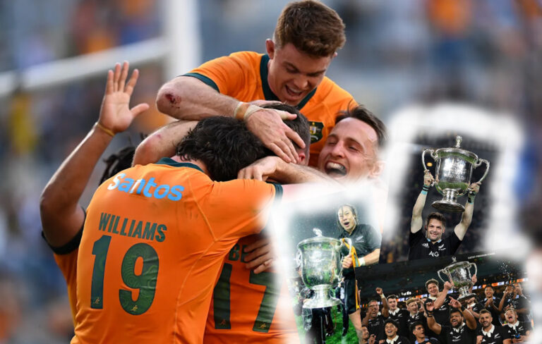 Wallabies celebrating despite All Blacks winning record
