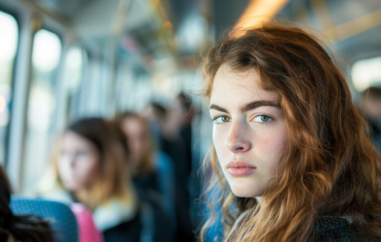 annoyed woman on train