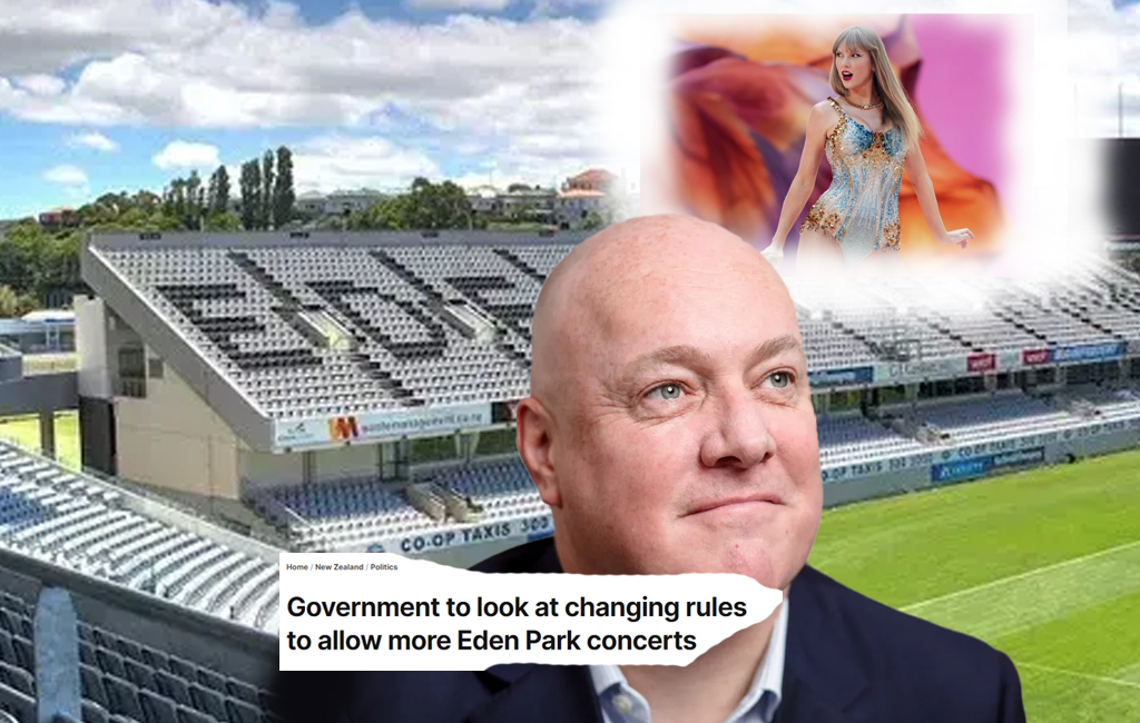 Luxon at Eden Park thinking about Taylor Swift