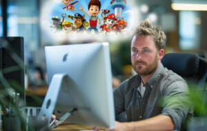 man at computer thinking about paw patrol