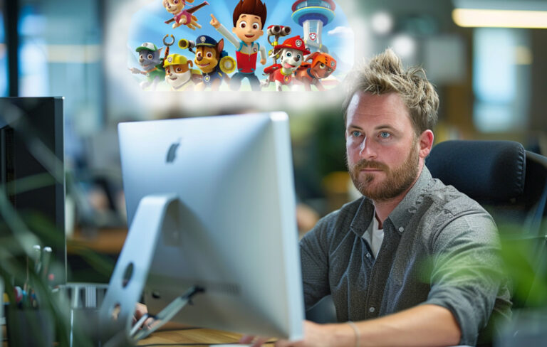 man at computer thinking about paw patrol