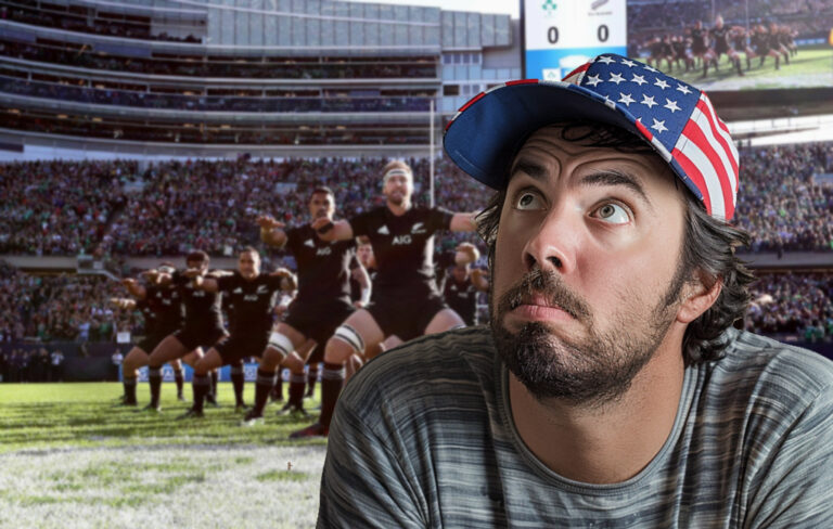 American man looking confused about the all blacks.