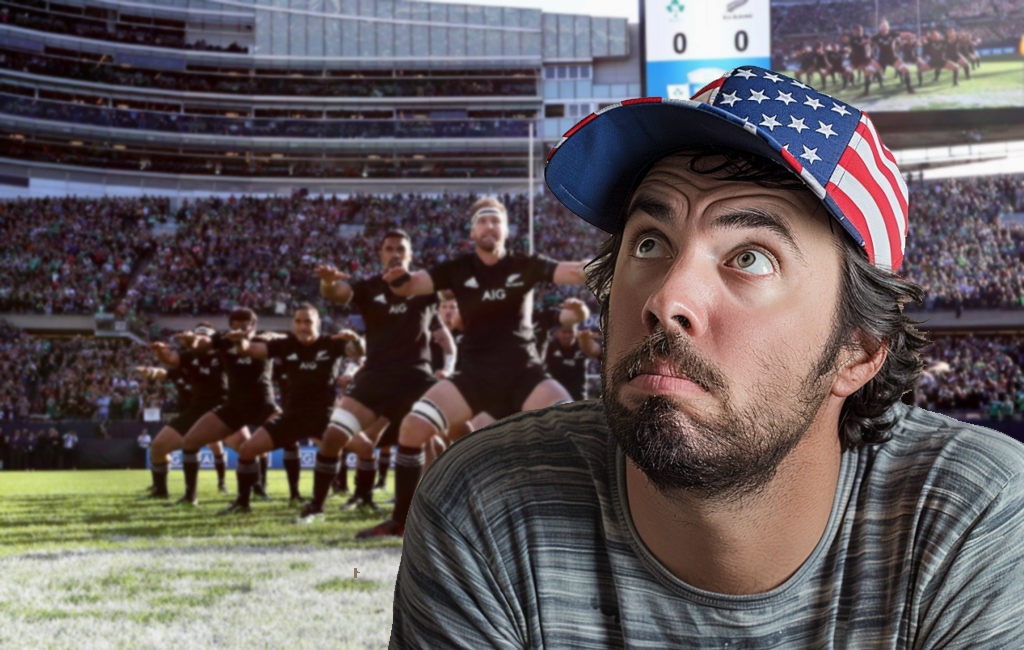 American man looking confused about the all blacks.