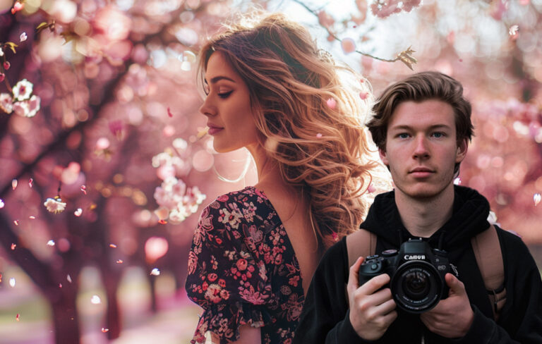 man with camera and woman posing in cherry blossom garden behind