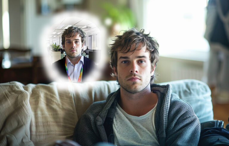 man sitting on couch thinking about work.