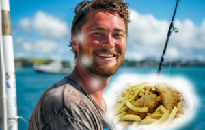 man fishing and thinking about fish and chips.