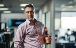 man with beer in office.