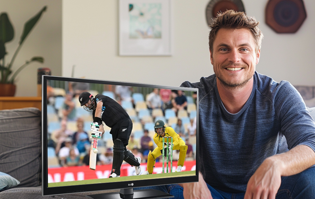 man watching cricket on couch.