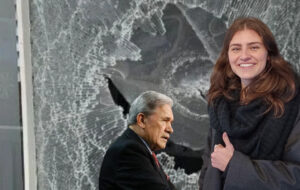 chloe swarbrick with winston in front of smashed window