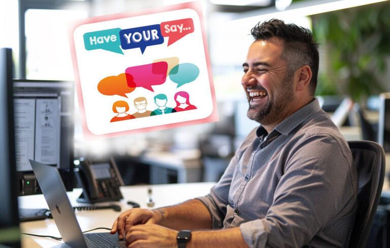 man on computer thinking about "have your say" survey.