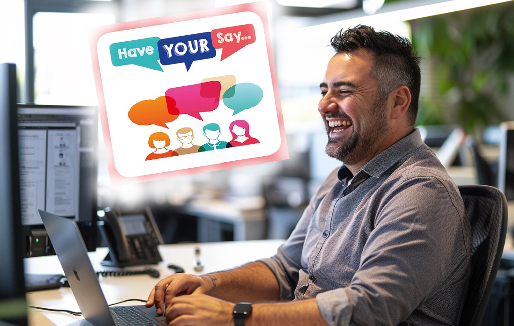man on computer thinking about "have your say" survey.