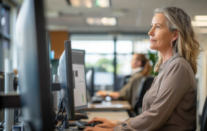 woman at computer in office.