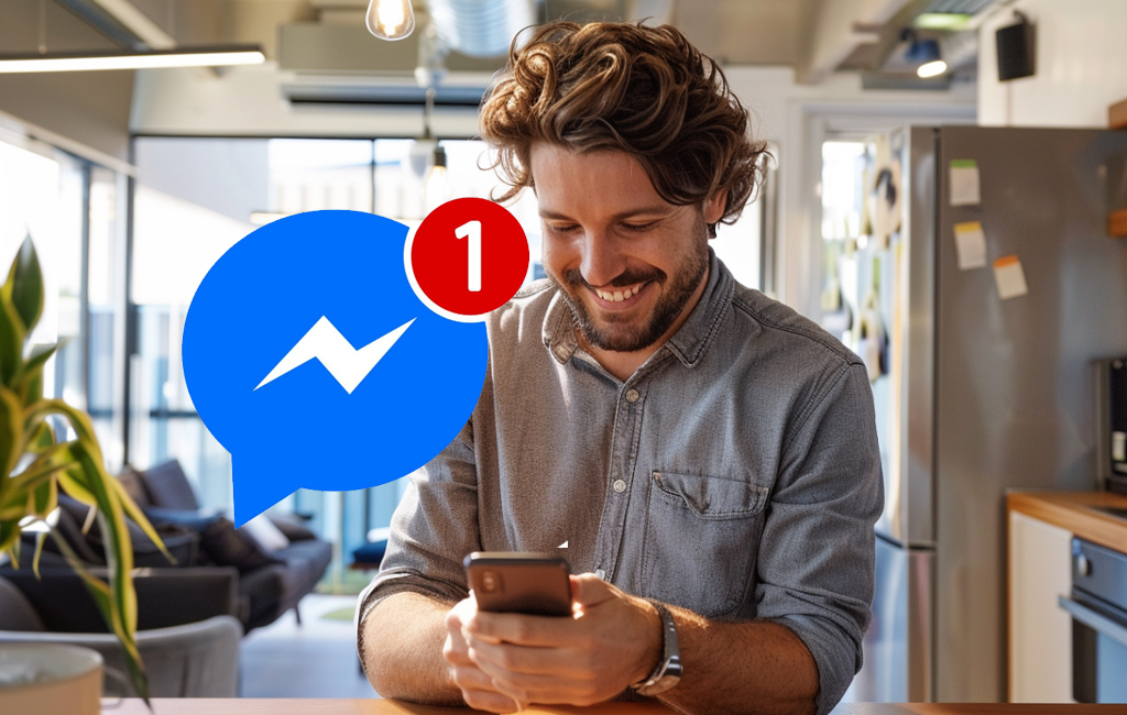 man looking at his phone with large messenger notification