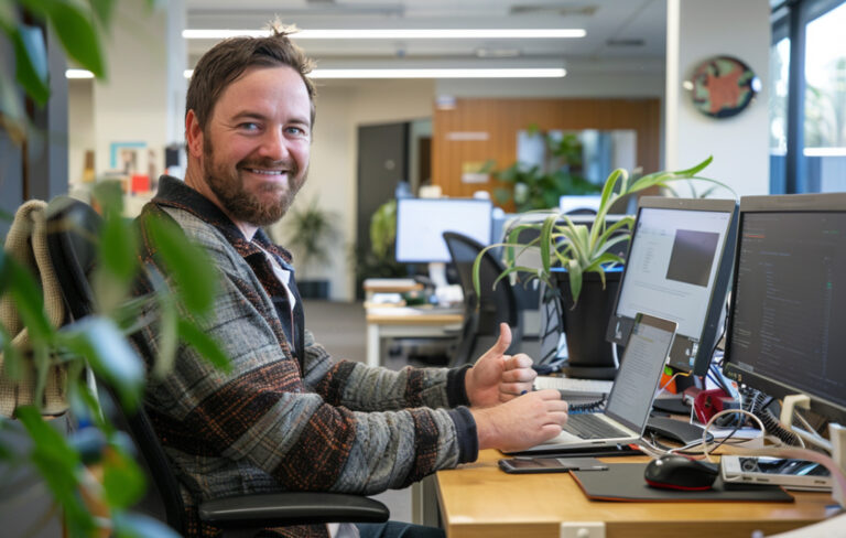 man at computer desk in open plan office.