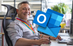 public servant at desk with outlook logo visible.