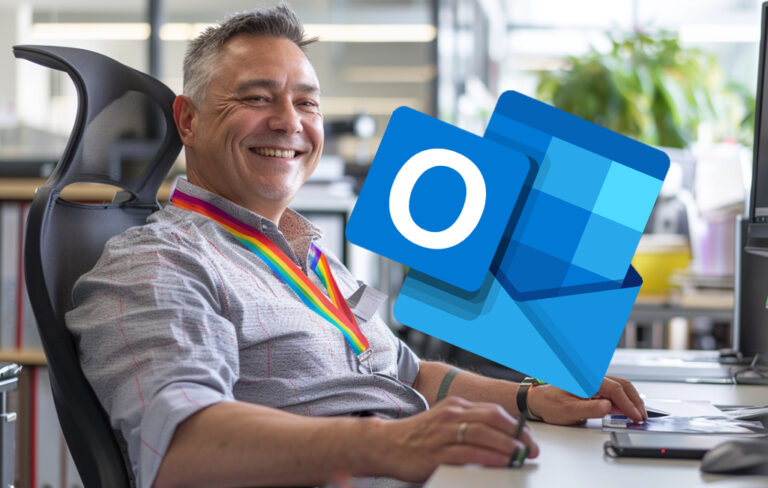 public servant at desk with outlook logo visible.